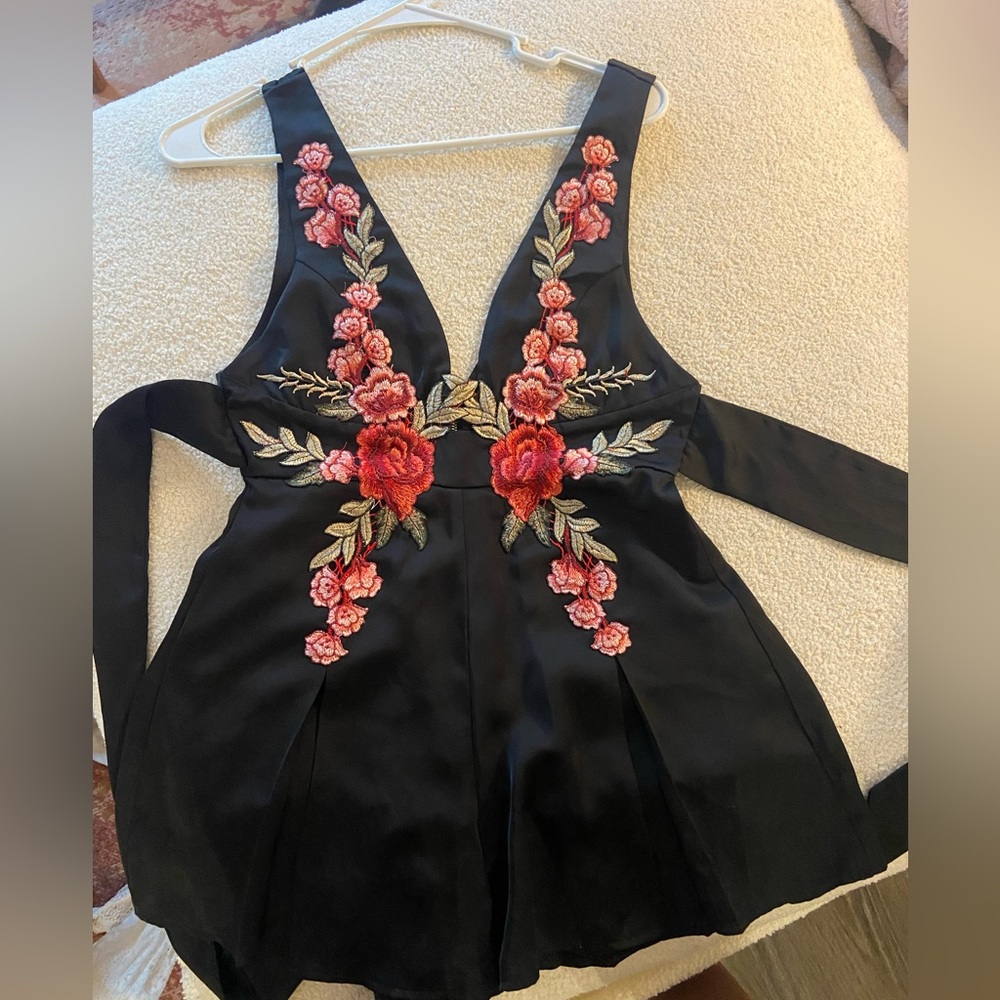 Floral Embroidered Black Jumpsuit